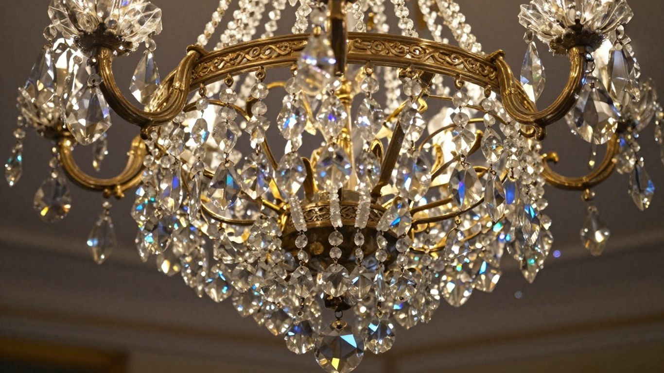 Antique crystal chandelier sparkling with light.