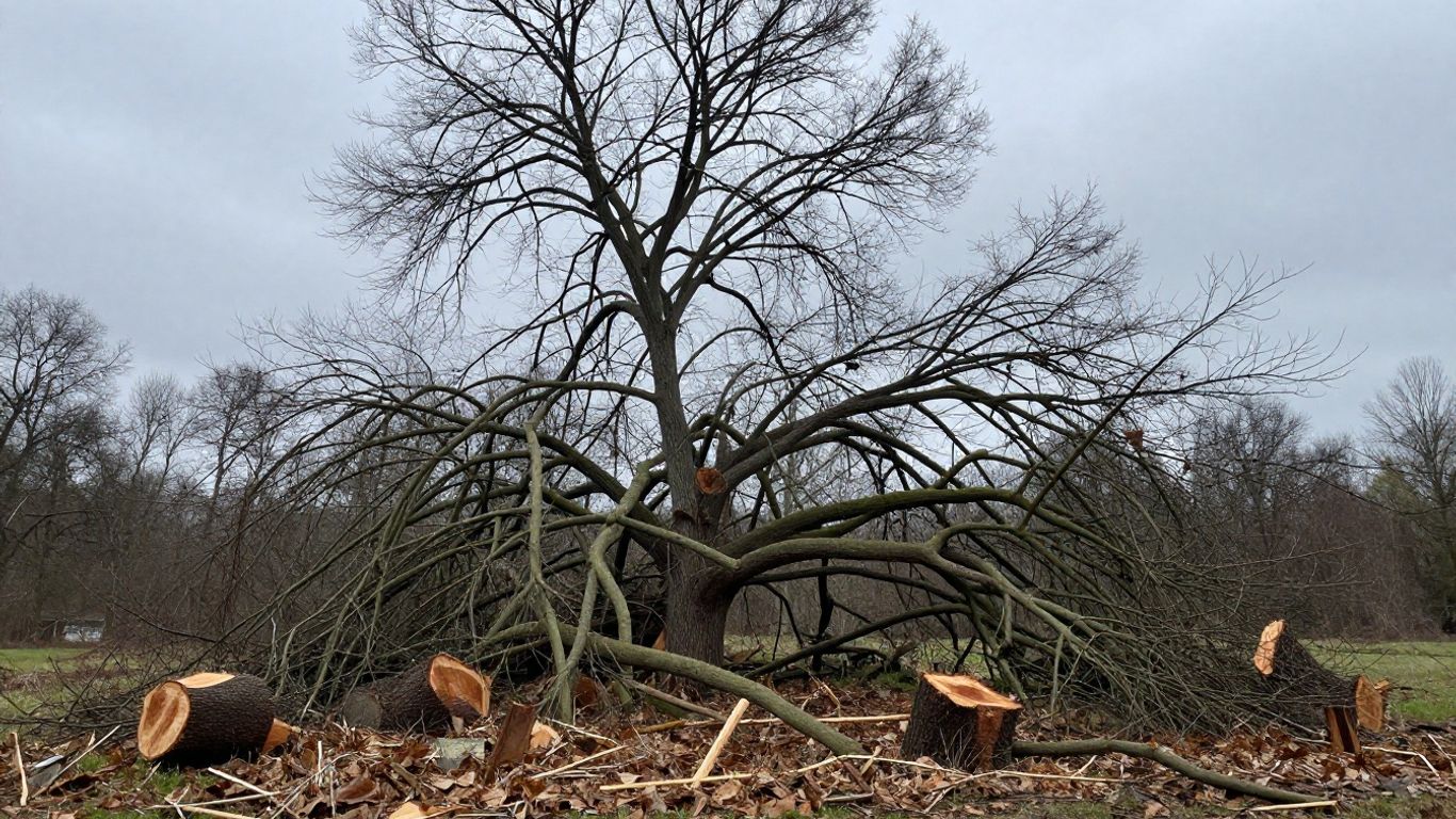 A tree damaged by topping, with cut branches and debris.