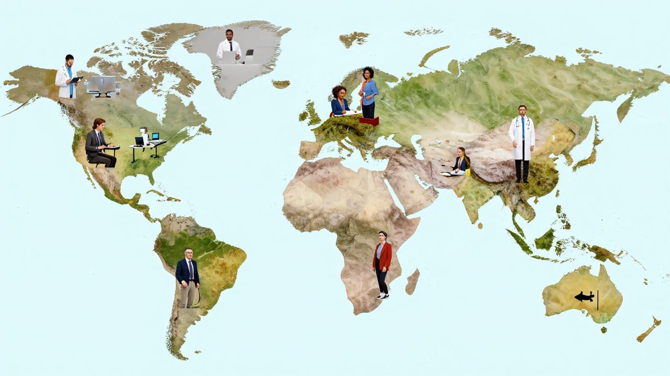 Doctors and tech workers on a world map background
