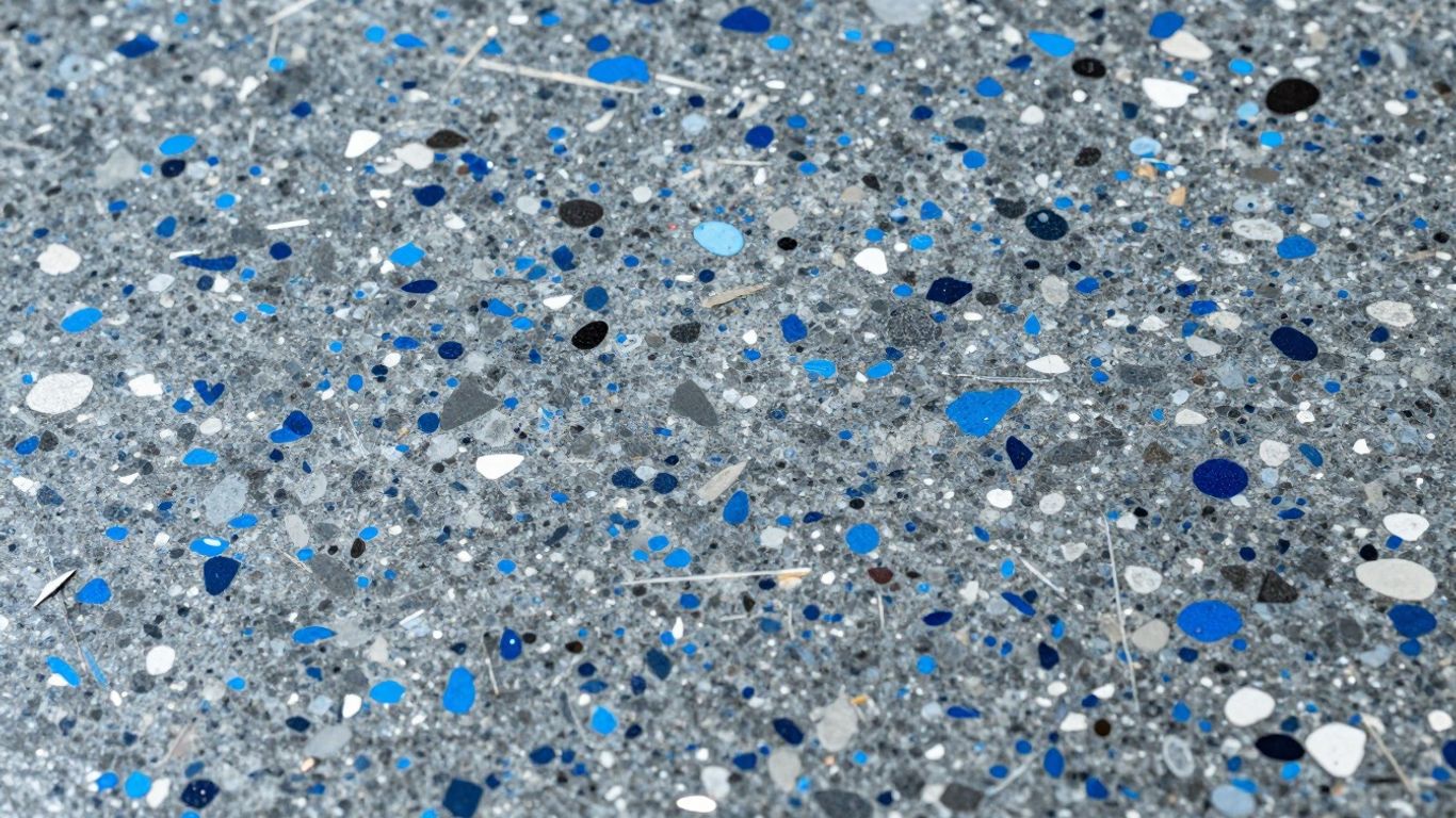 Colorful epoxy floor with decorative flakes.