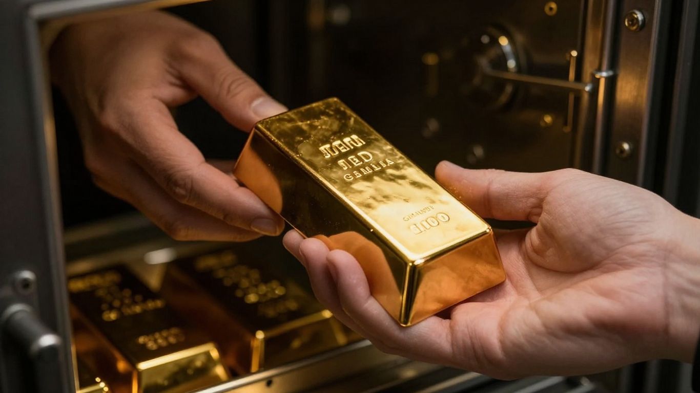 Main d'or tenant une barre d'or dans un coffre.