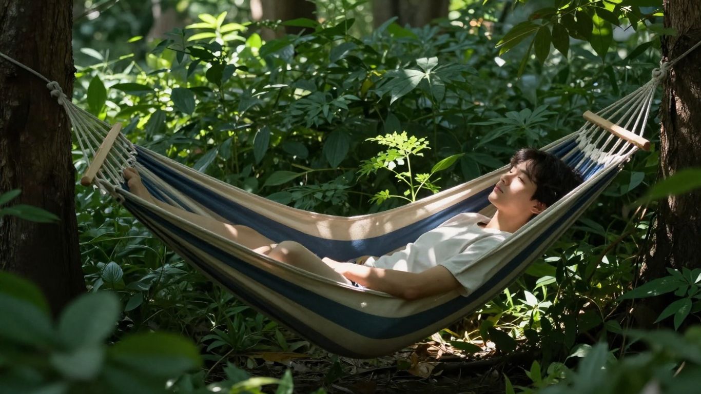 Person relaxing in a hammock outdoors.