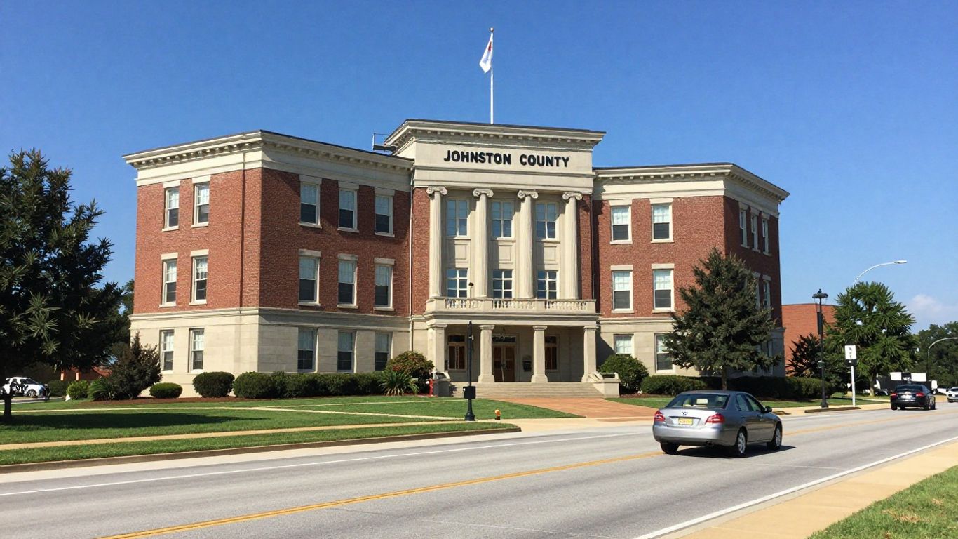 Johnston County courthouse with a car on a road.