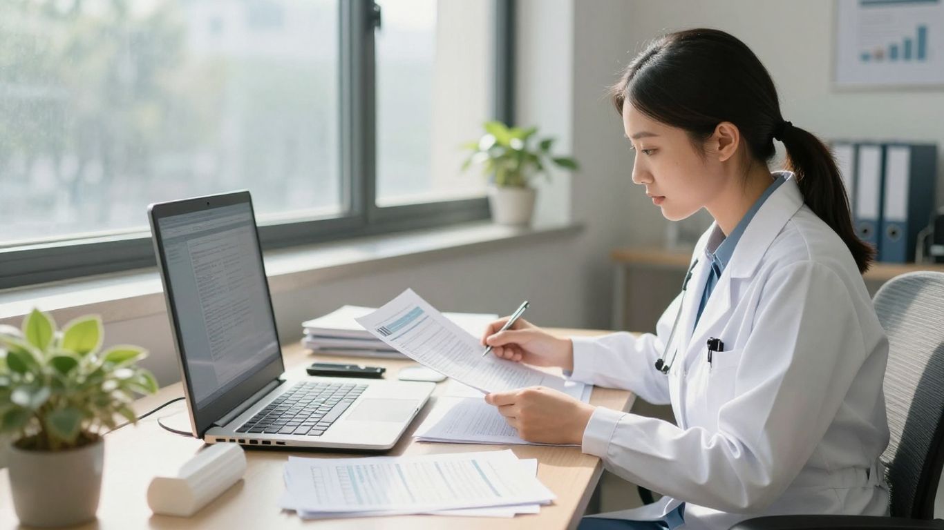 Doctor reviewing financial documents in a medical office.