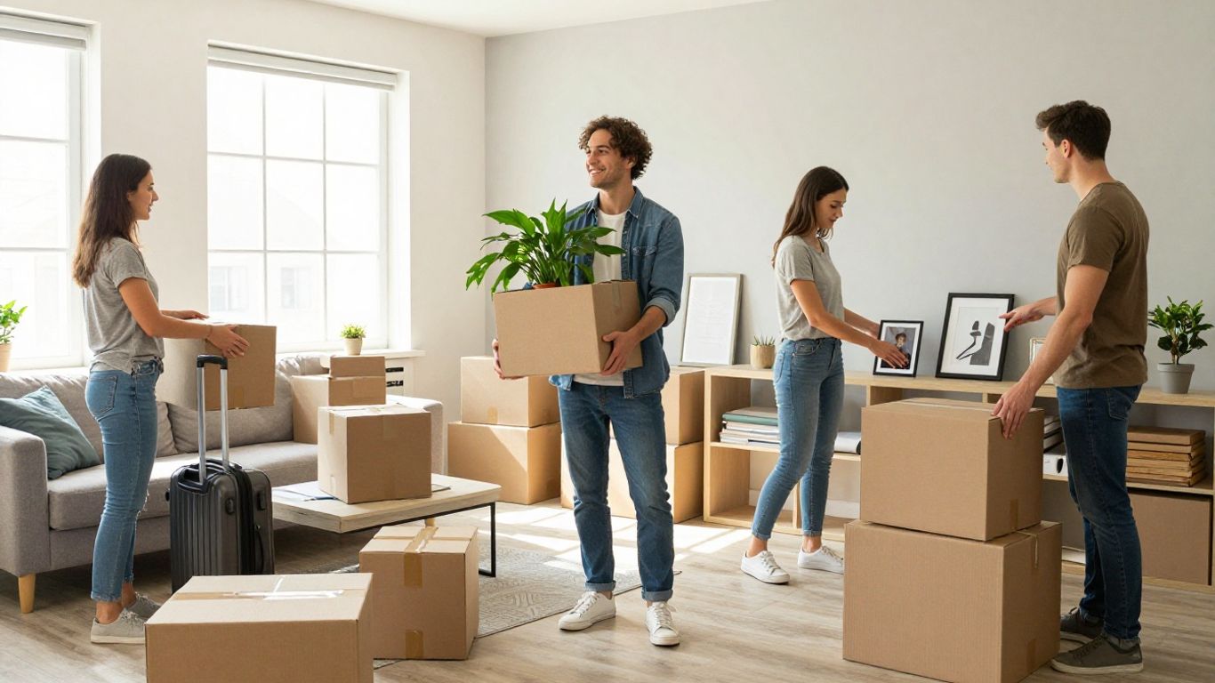 People unpacking boxes in a new home.