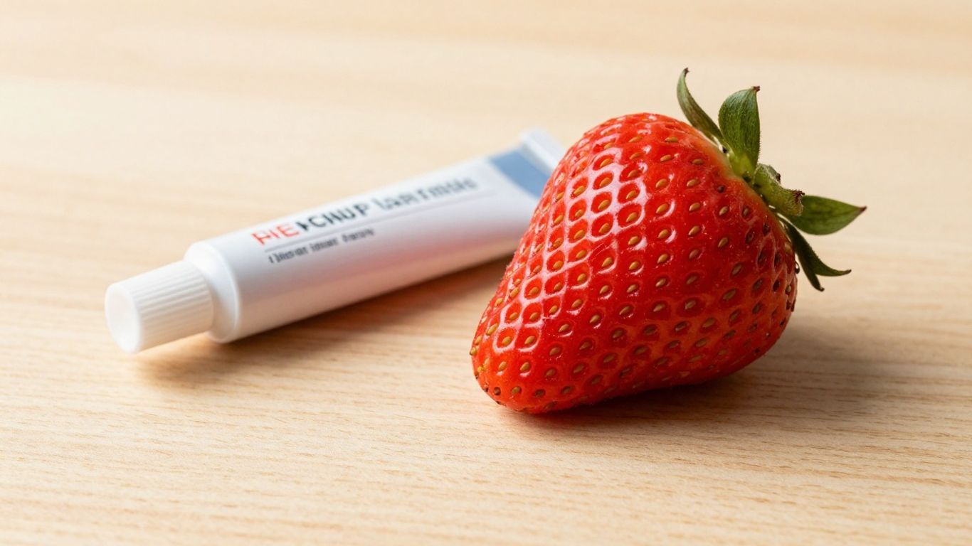 A vibrant strawberry snack next to a small bottle of lube