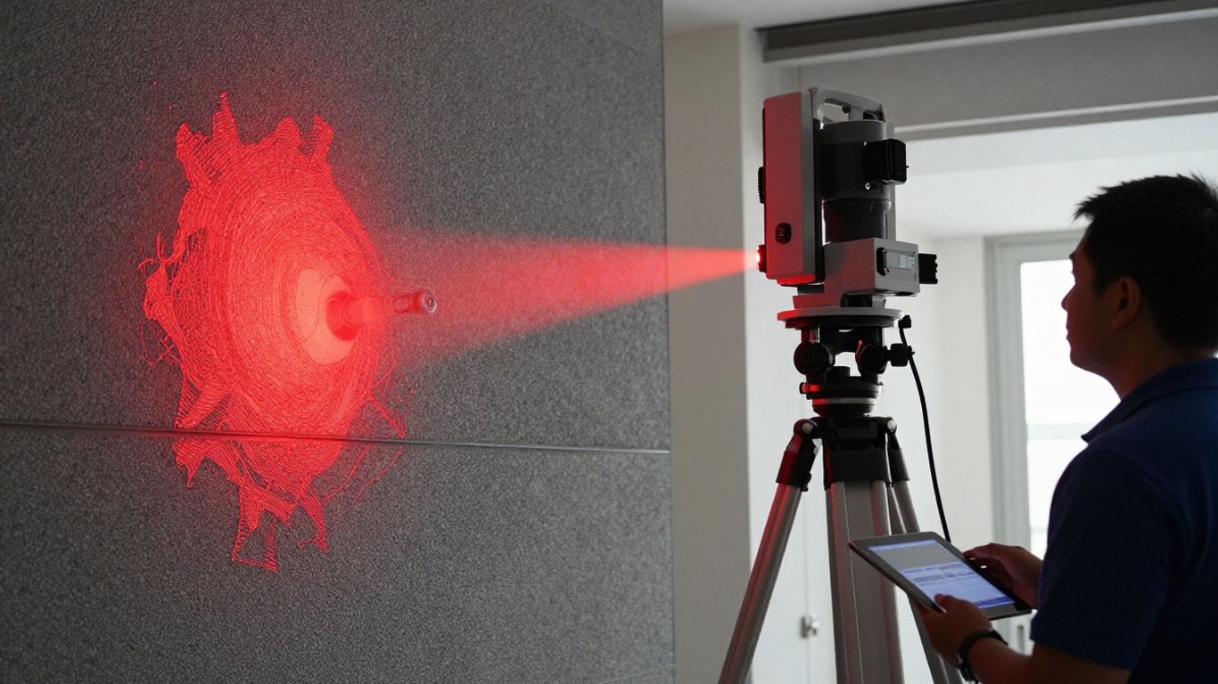 Laser scanner creating a 3D point cloud of a building.