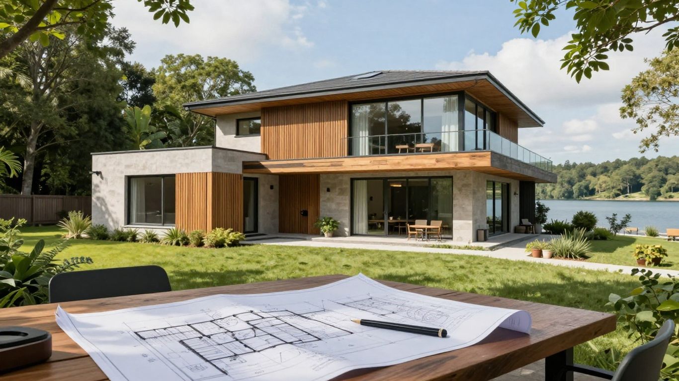 Modern home addition with blueprints and lake view.