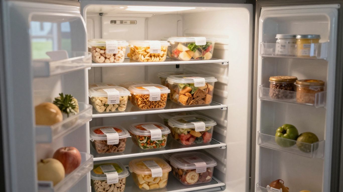 Frozen Indian meals organised in a home freezer