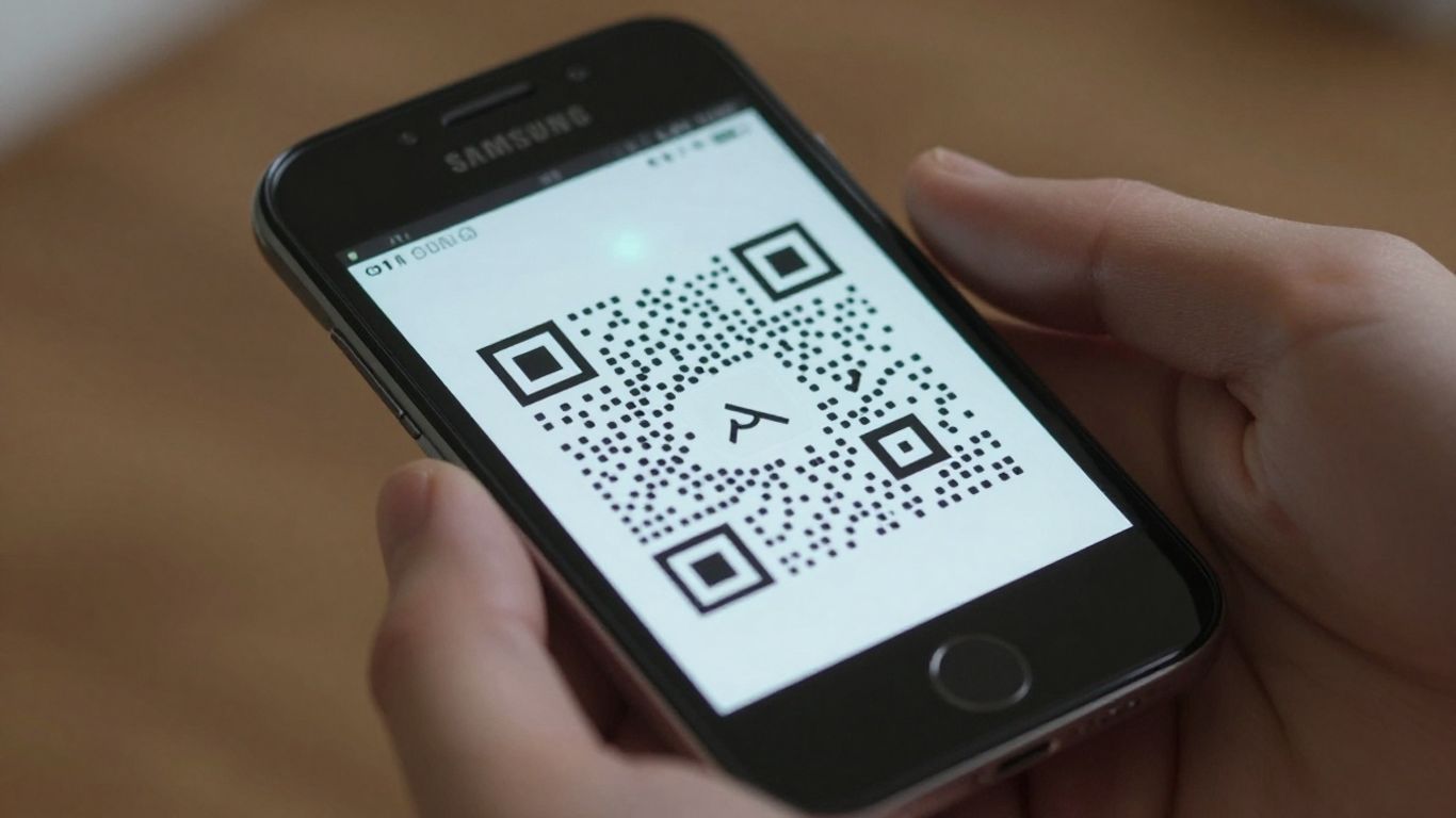 Samsung phone scanning a QR code from an image.