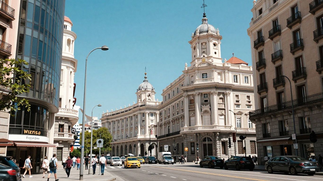 Madrid cityscape with landmarks and bustling street life.