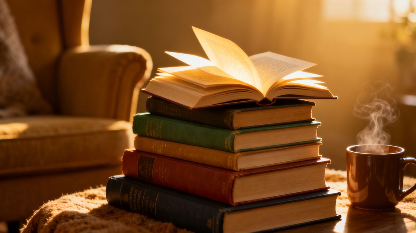 Stack of feel-good books with warm lighting.
