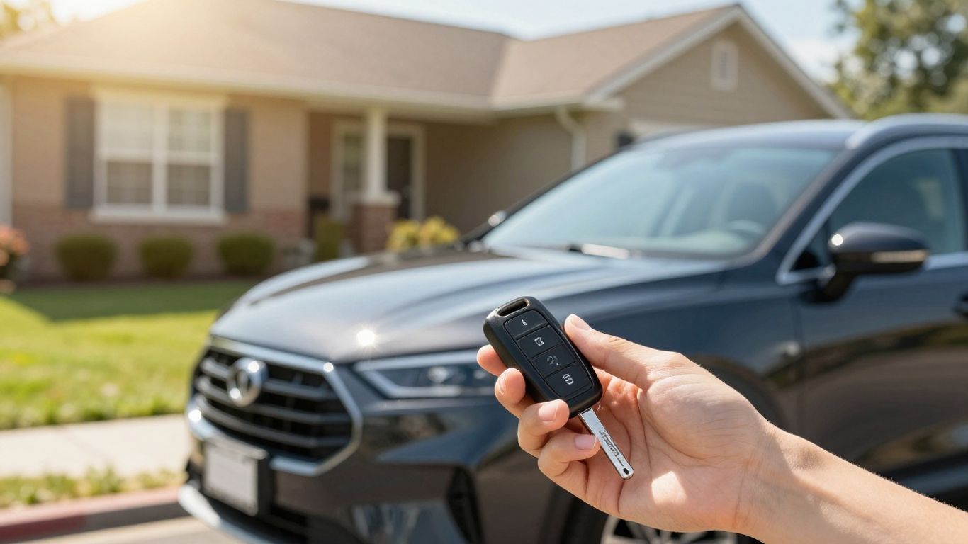 Person holding car keys near a new car.