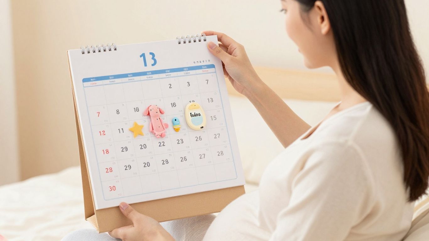 Pregnant woman with baby items and calendar.