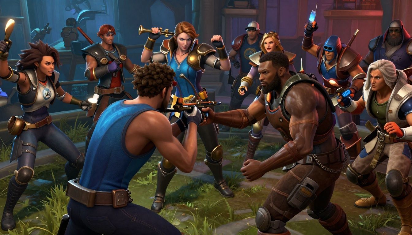 Um confronto intenso durante uma partida de Overwatch 2, focando em diversidade de heróis e habilidades coloridas