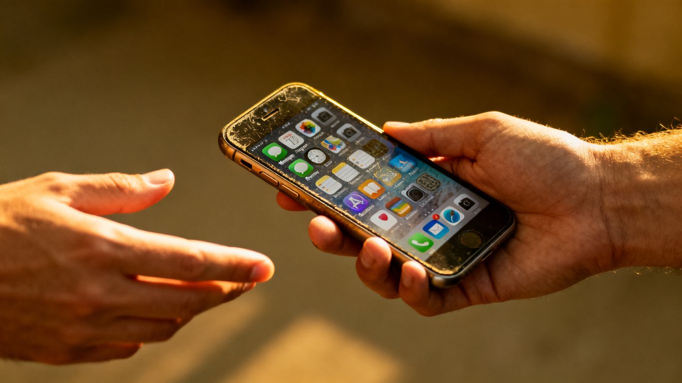Hand holding a used smartphone, ready for inspection.