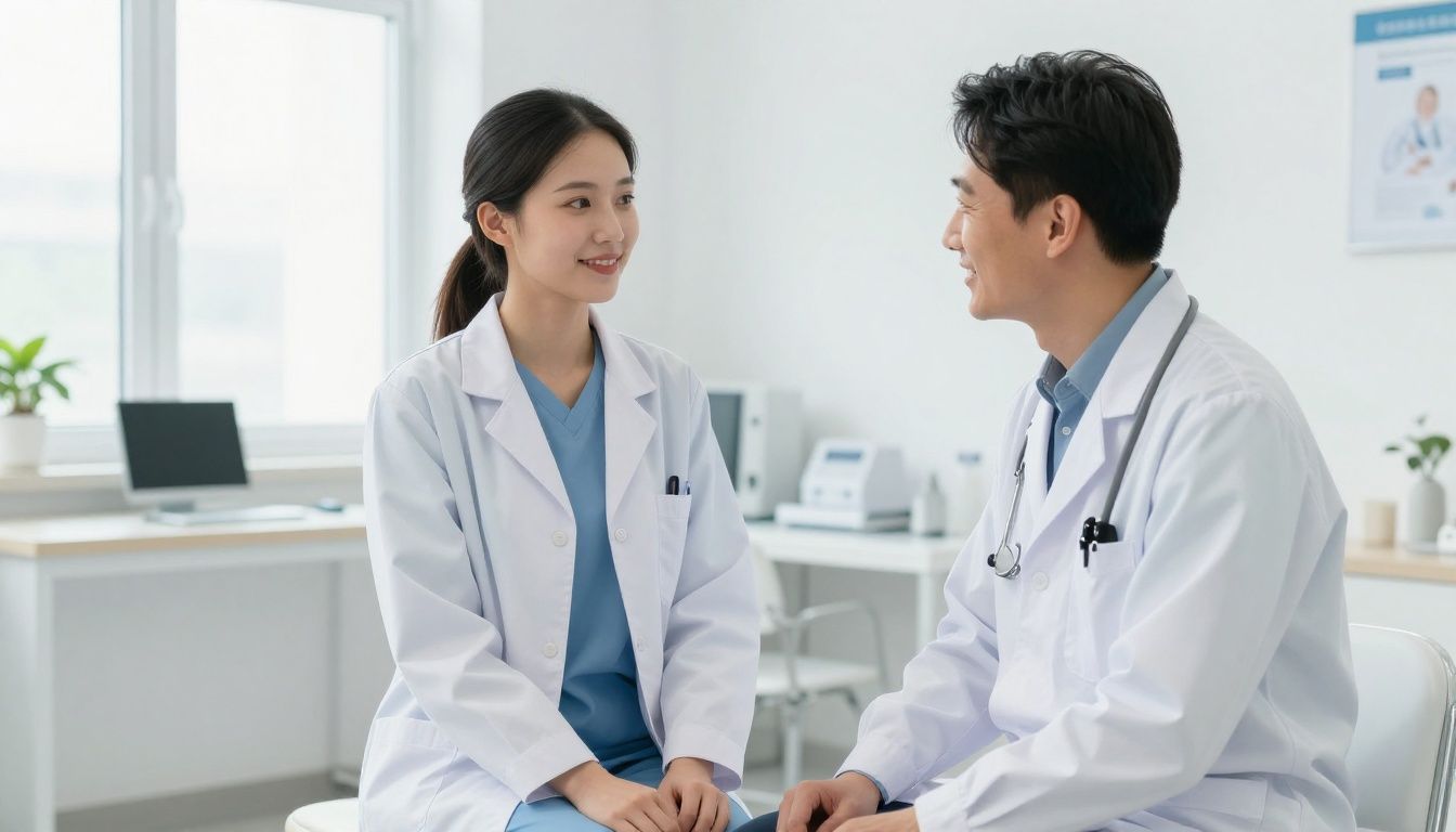 A photorealistic image of a young athlete sitting in a bright, clean medical office during a routine checkup with a smiling pediatrician