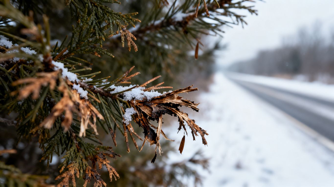 Damaged plant from road salt and wind.