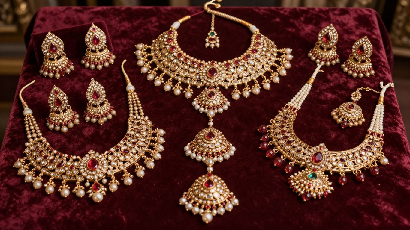 Traditional and contemporary bridal jewellery arranged on velvet