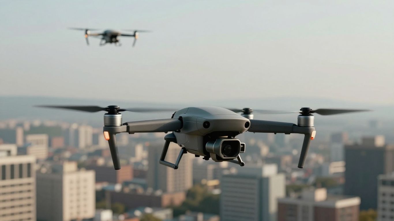 Drones in flight near city buildings.
