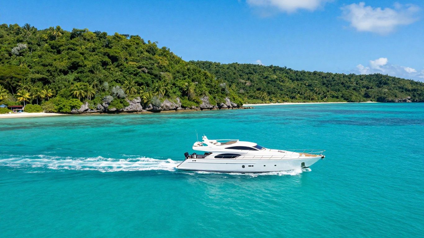 Sailing yacht on turquoise water near tropical islands.