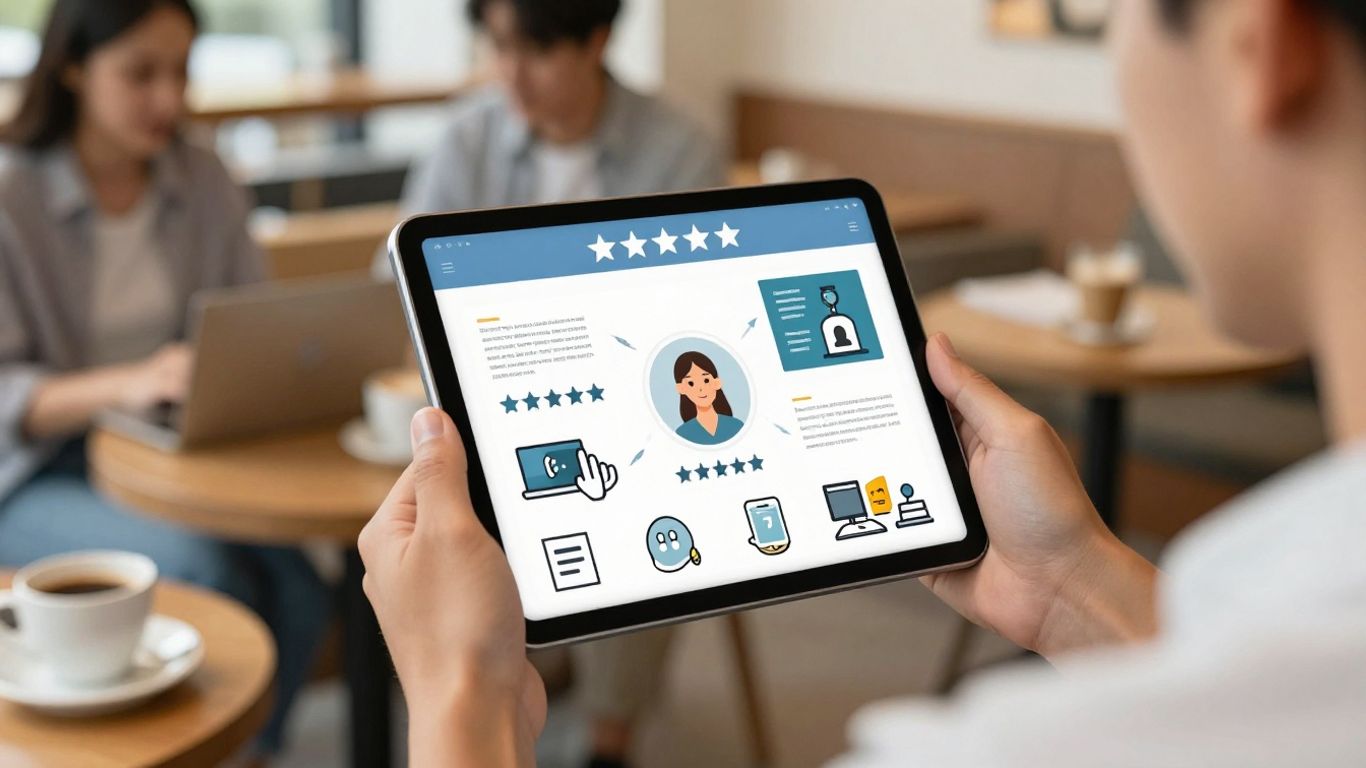 A digital review monitor showing various feedback sentiments