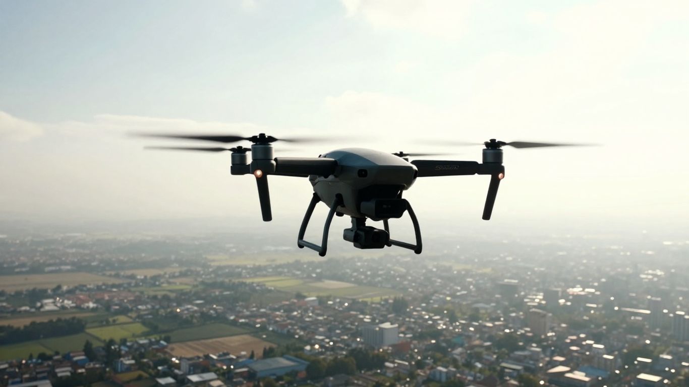 Drone flying high above clouds and cityscape.