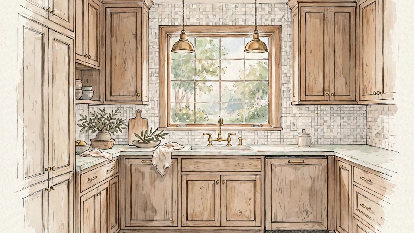 Marble mosaic backsplash beside warm wood cabinetry