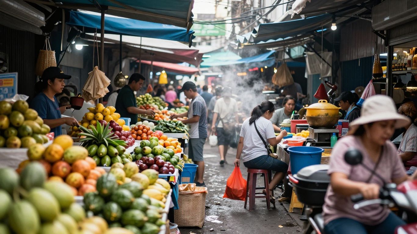 A vibrant Thai street scene with traditional market stalls