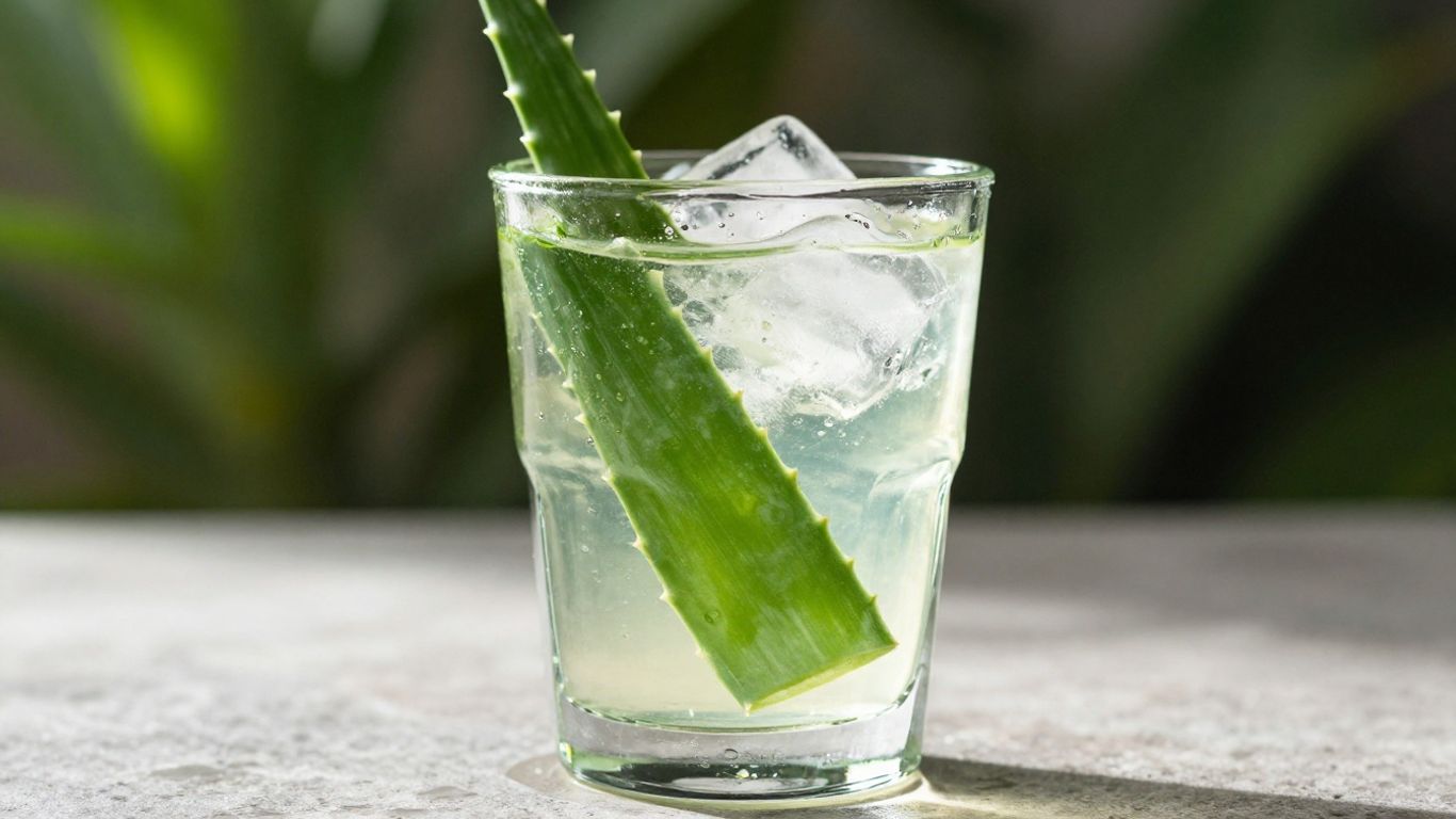 Glass of Herbalife Aloe Concentrate with aloe leaf.