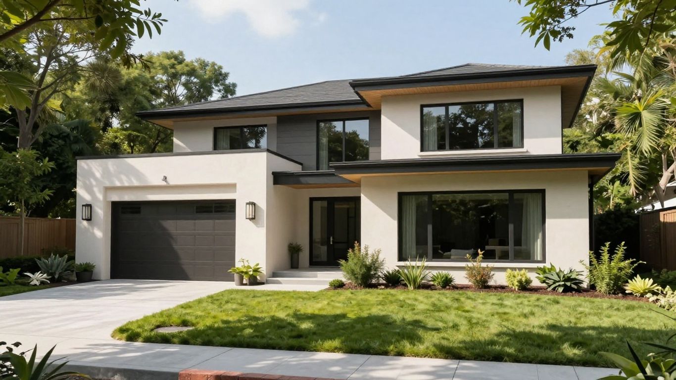 Modern renovated home exterior with lush landscaping.