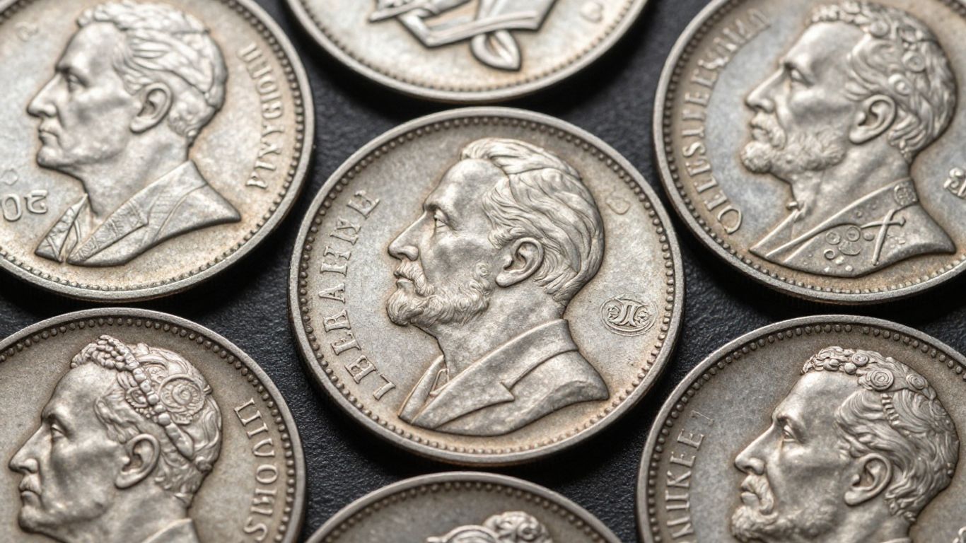 Close-up of vintage coins with historical engravings.
