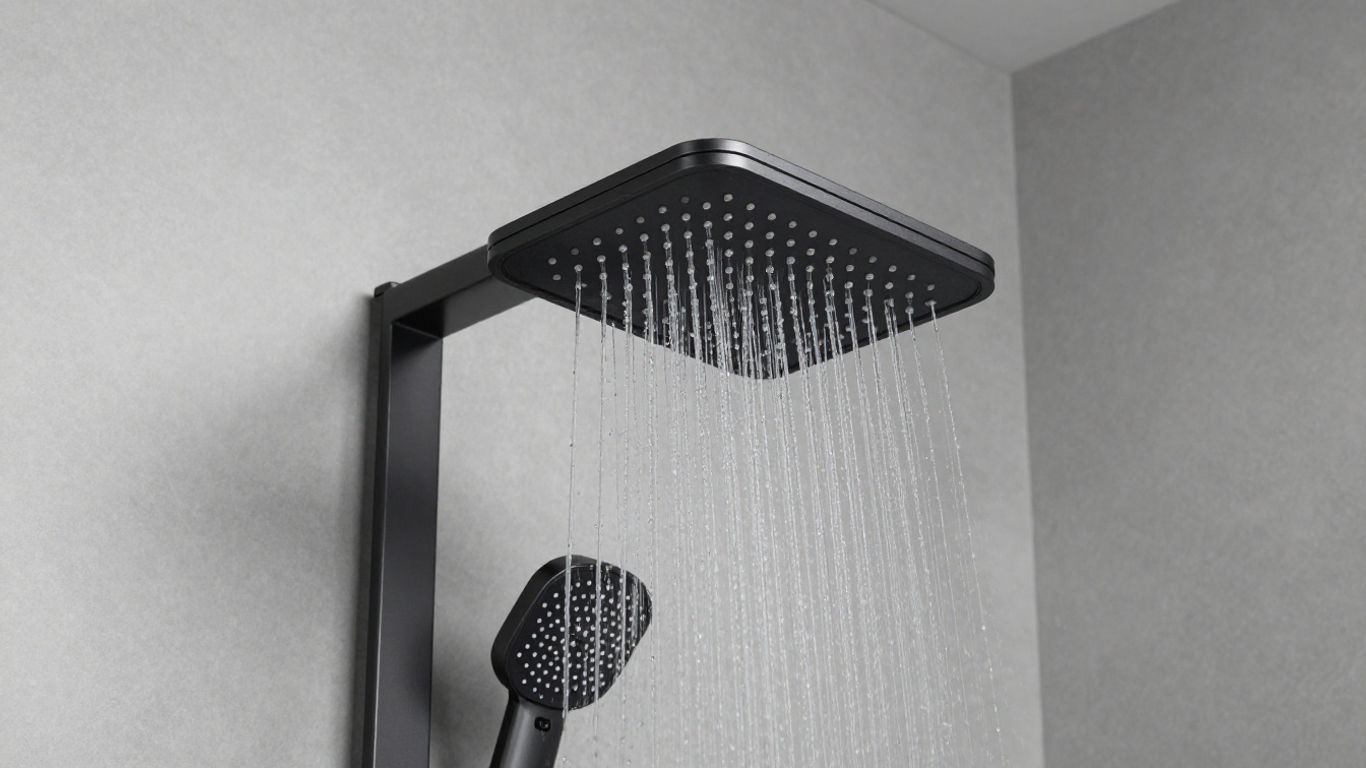 Modern black rain shower head in a luxurious bathroom.