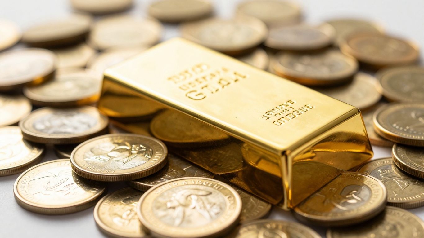 Gold bars and coins shining under the light.