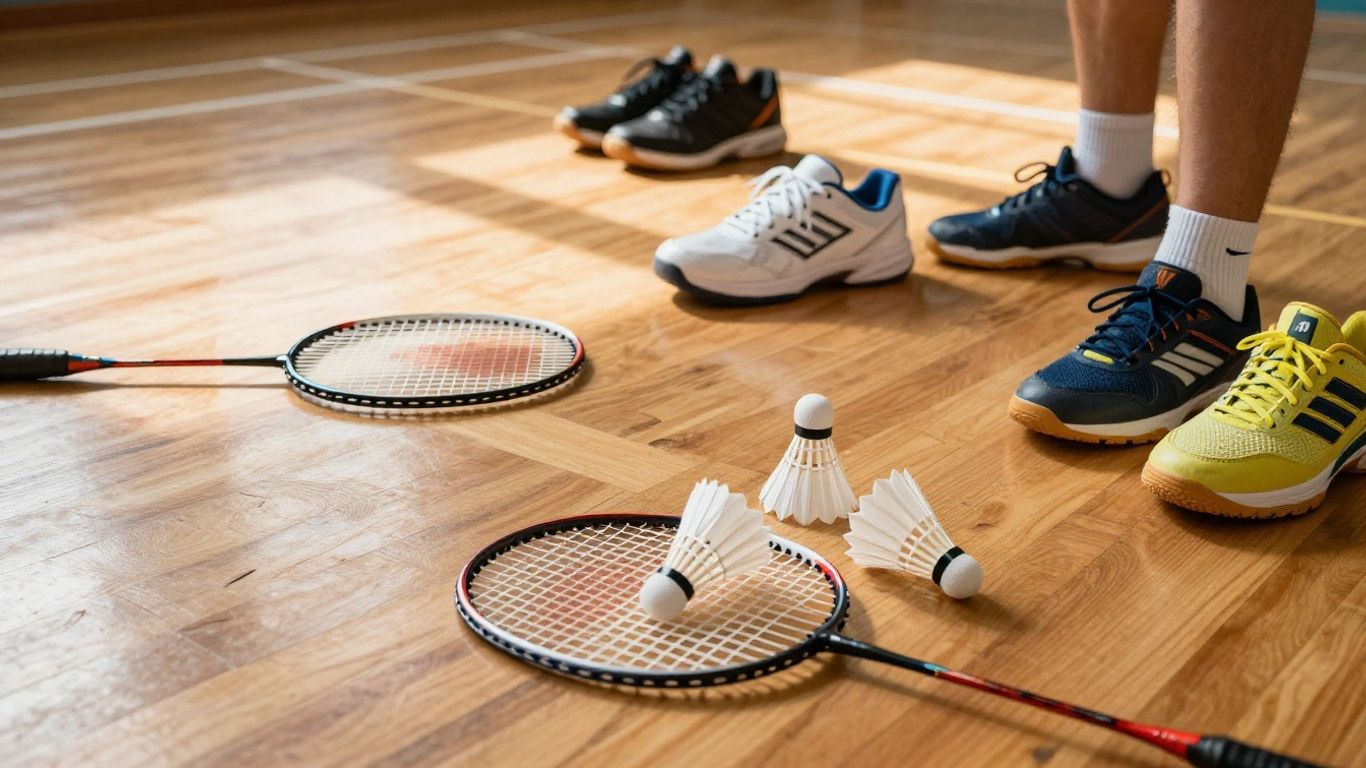 Badminton rackets, shuttlecocks, and shoes on a court.