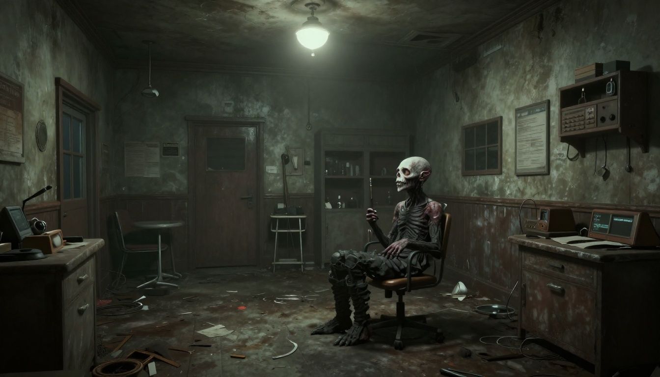 Criatura simbólica de Silent Hill 2 em um ambiente hospitalar abandonado