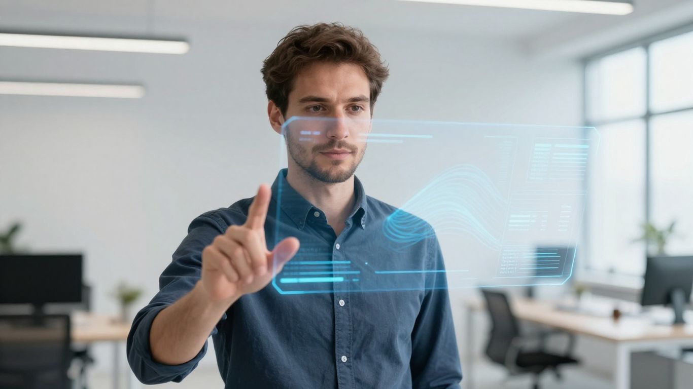 Mann im Büro mit holografischer Benutzeroberfläche