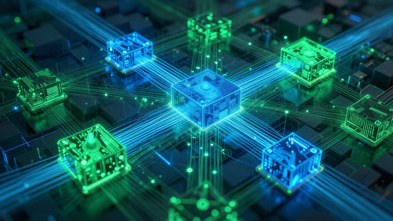 Interconnected blocks forming a secure digital network.