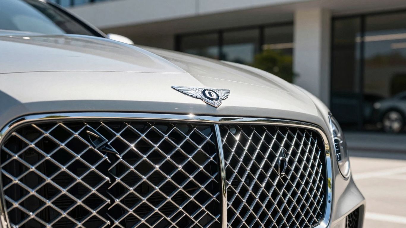 Luxury Bentley car parked in sunlight near modern building.
