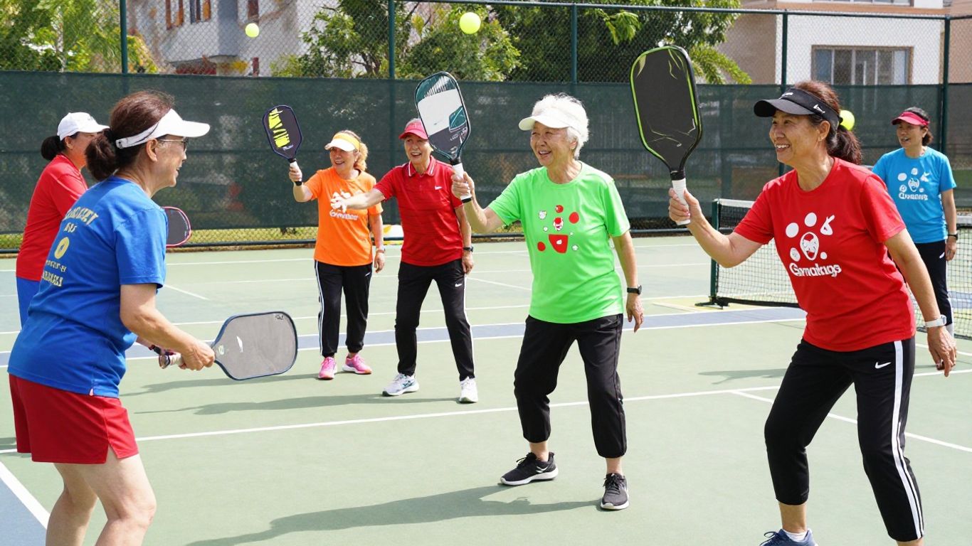 Seniors playing pickleball in funny shirts