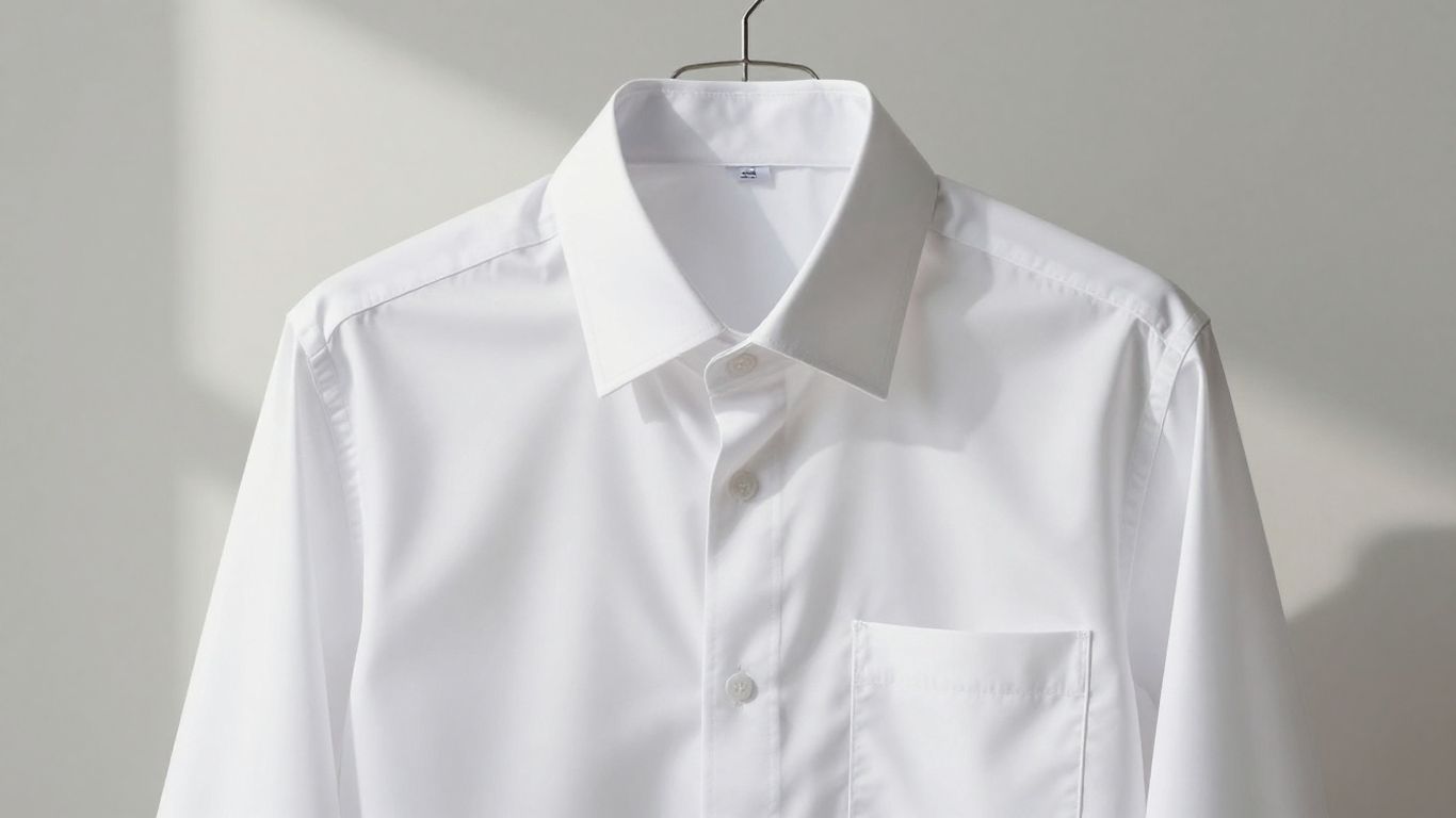Crisp white dress shirt hanging, perfectly pressed.