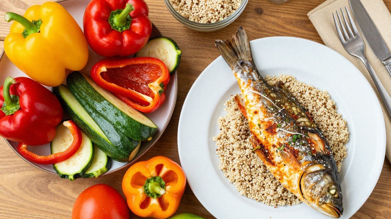 Colorful Lenten meal with fish and vegetables.