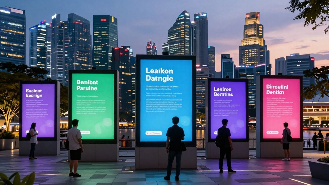 Singapore cityscape with digital ad interfaces and people.