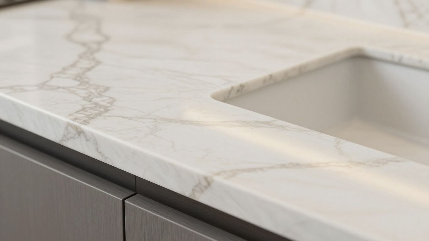 Polished Taj Mahal quartzite kitchen worktop with subtle veining.