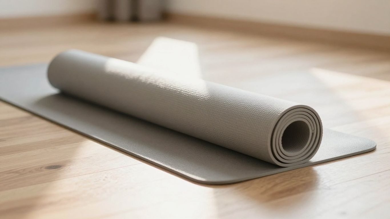 Rolled yoga mat on a wooden floor