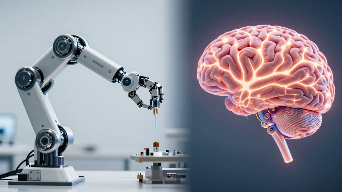 Robotic arm and glowing brain side-by-side.
