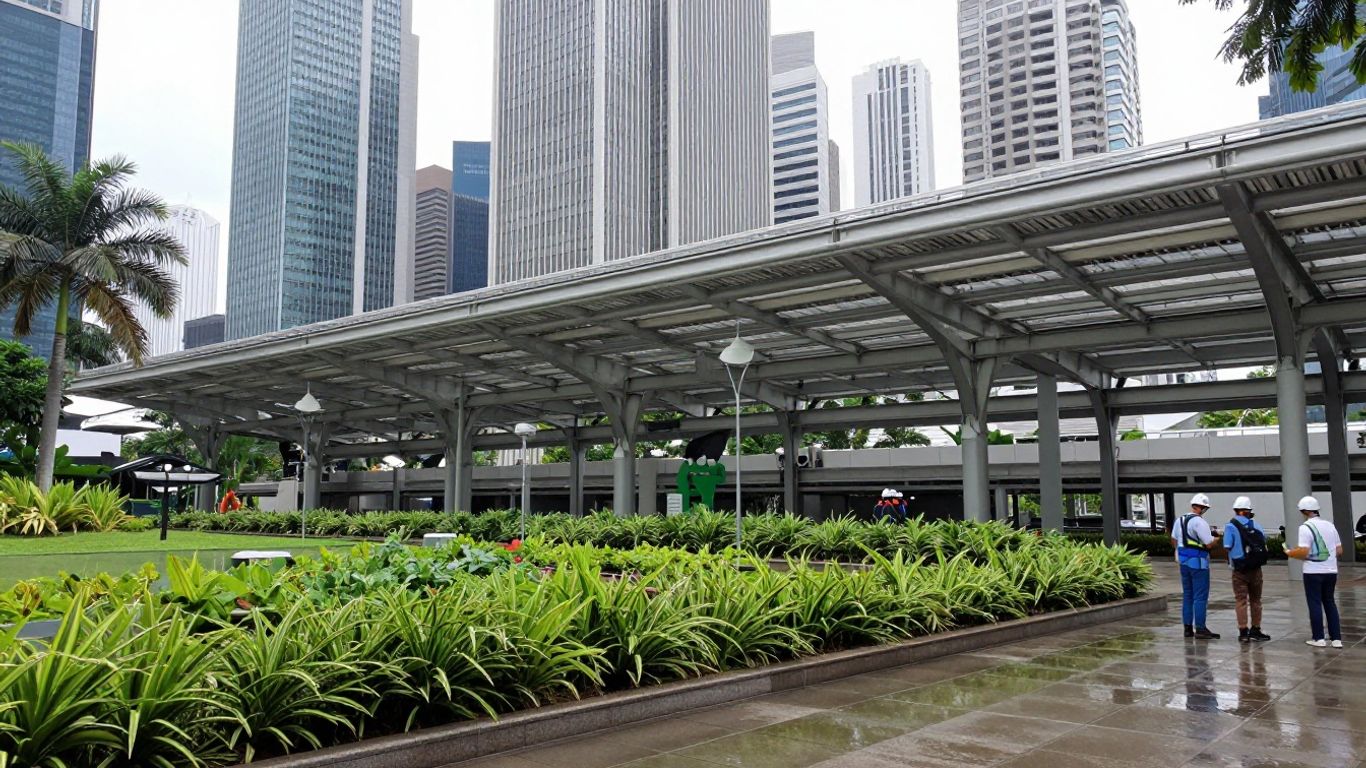 Steel canopy framing above a Singapore urban plaza