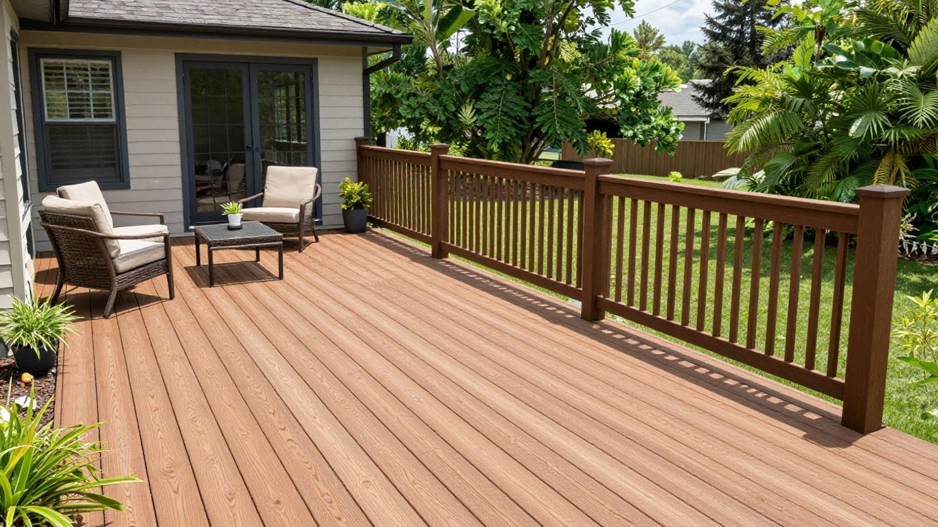 Trex deck extension on a modern home with landscaping.
