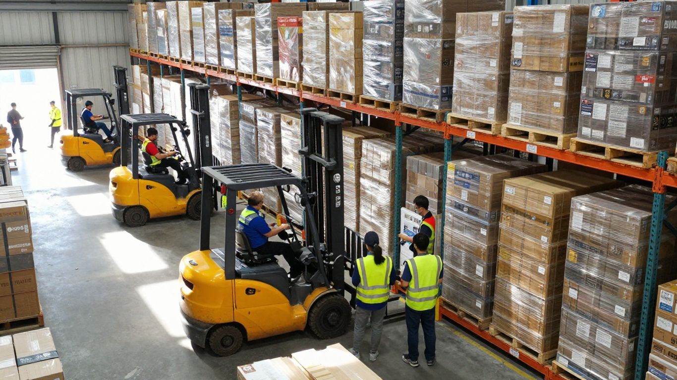 Distribution center operations with forklifts and teams.