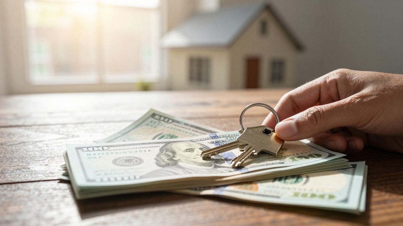 Person with bills and house key, planning for mortgage.